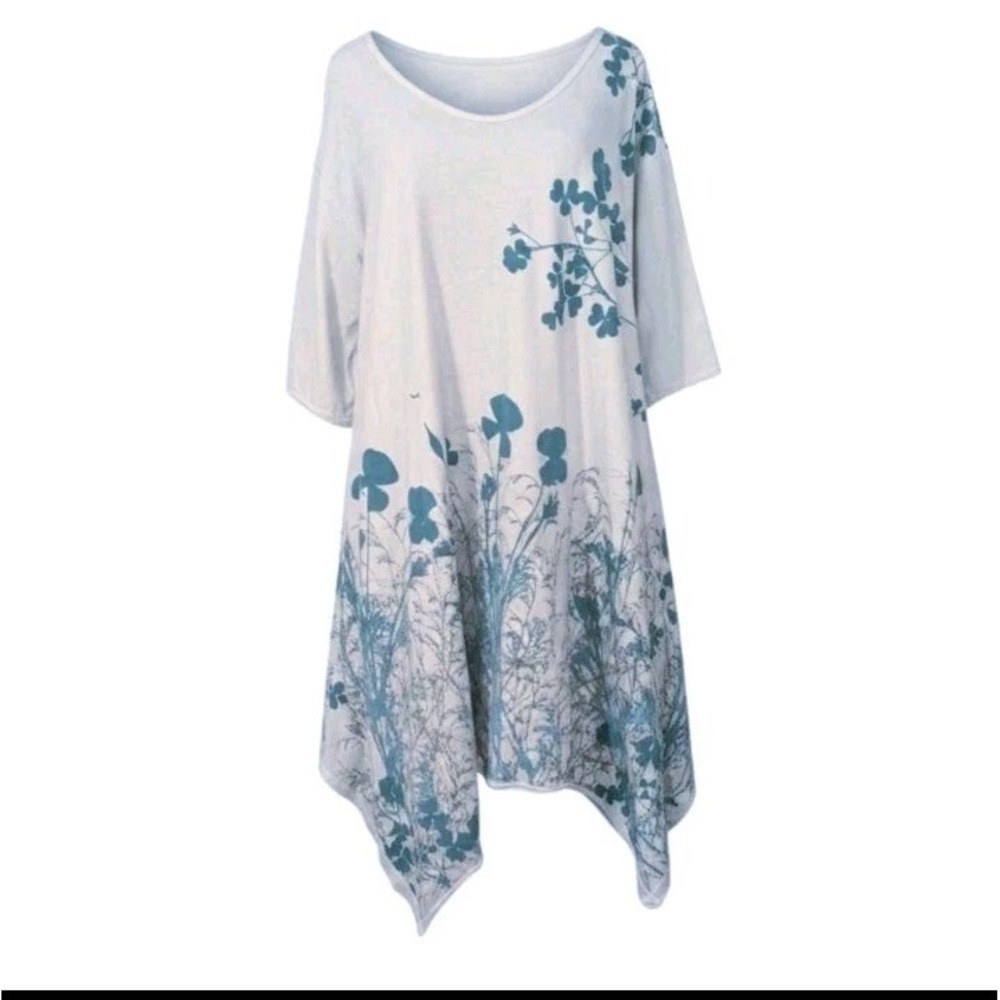 VTG Blue Fish Dress OrganicCotton Boho Lagenlook Sz 18-22 Artsy Hand Painted USA